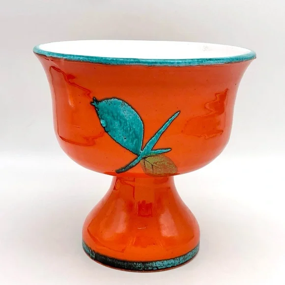 Italian Art Pottery Compote Planter Atomic Orange Pedestal Bowl Vase MCM Italy